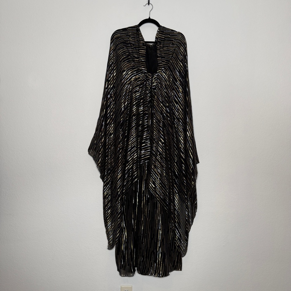 Peter Pilotto Gown Silk Metallic Caped Black Gold Silver Thread High Neck Size 6 - Picture 6 of 12
